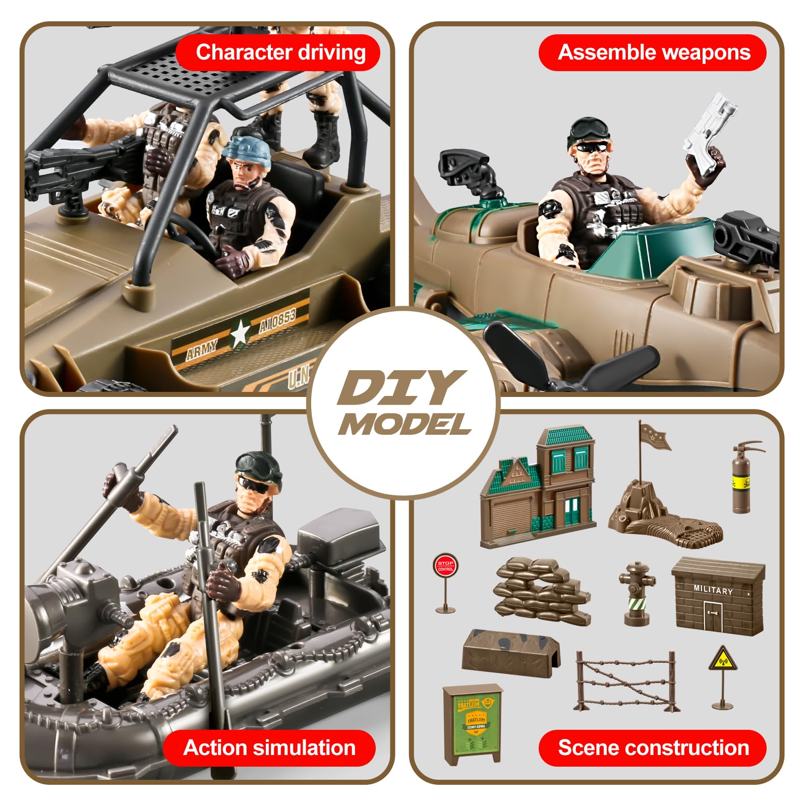 HOSPONY 78-in-1 Army Men motorcycles for fast paced chase scenarios.