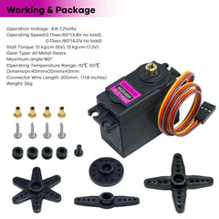Hosyond MG996R provides 180-degree rotation for versatile control in projects.