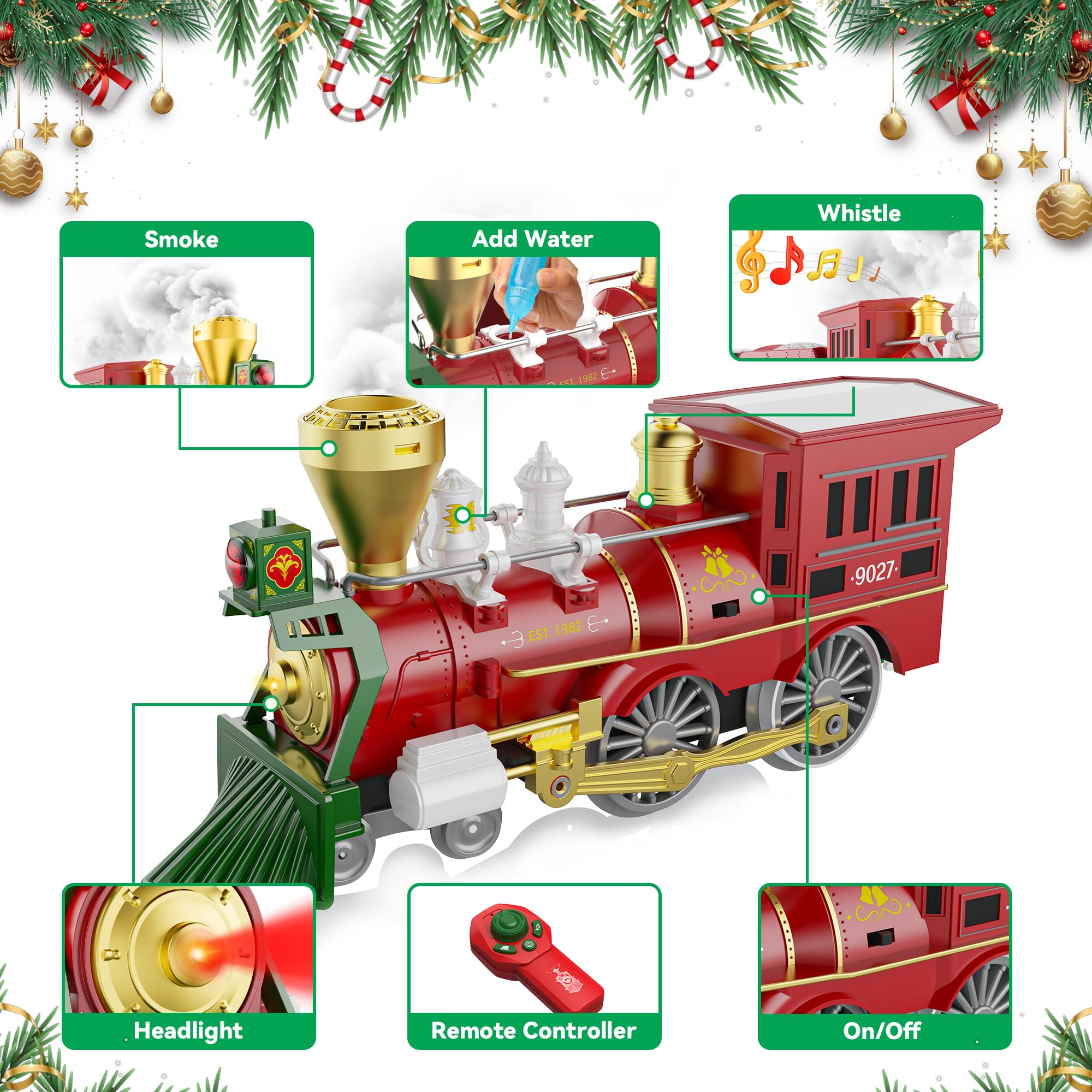 Hot Bee train with smoke and lights for immersive festive scene.