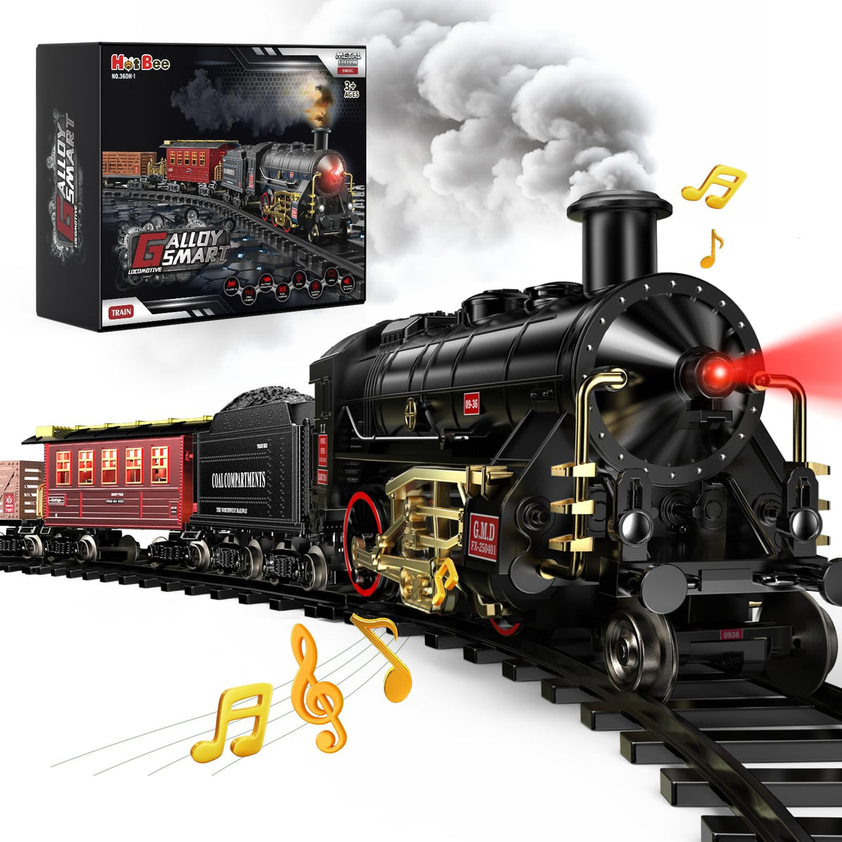 Hot Bee Train Set alloy steam locomotive shown on a circular track for festive play