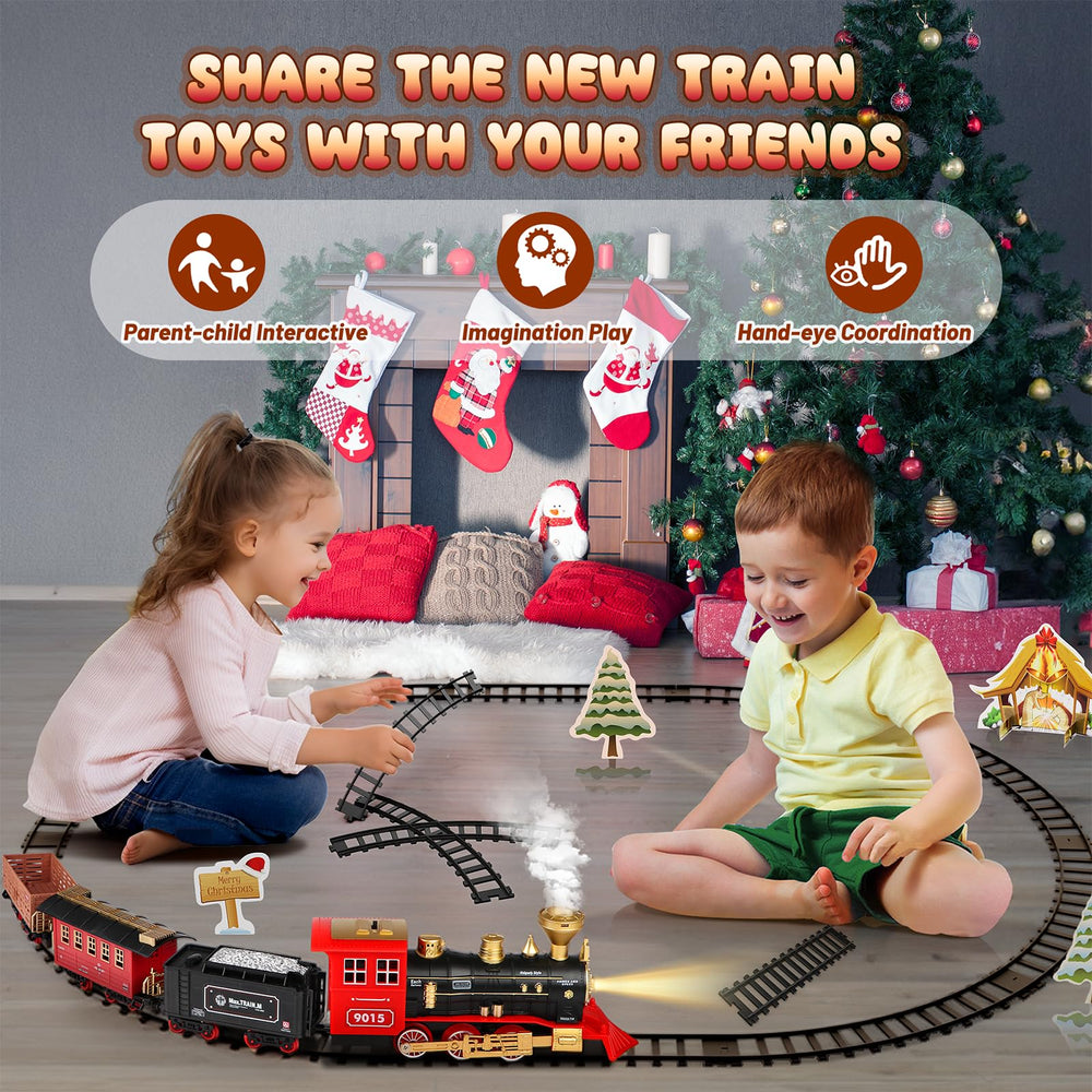 Hot Bee Train Set Christmas-tree display creates a cheerful holiday scene.