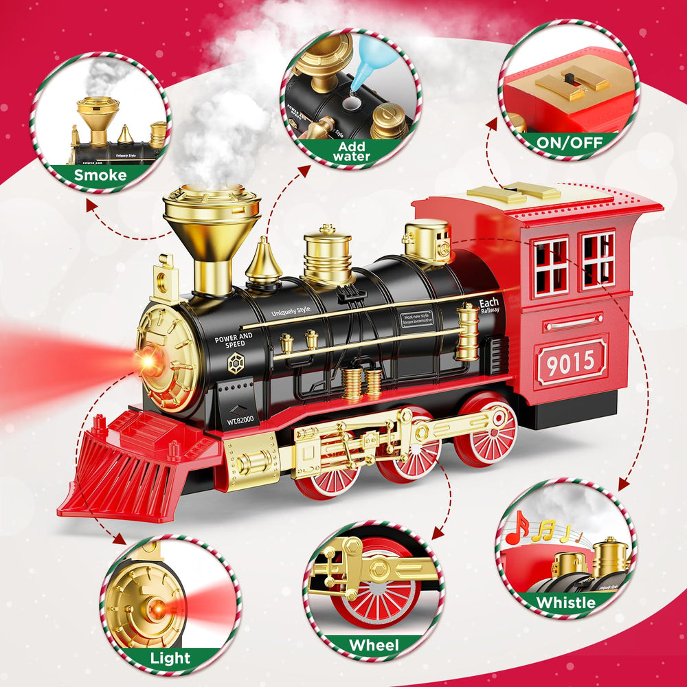 Hot Bee train locomotive wheels rotate for authentic rolling action.
