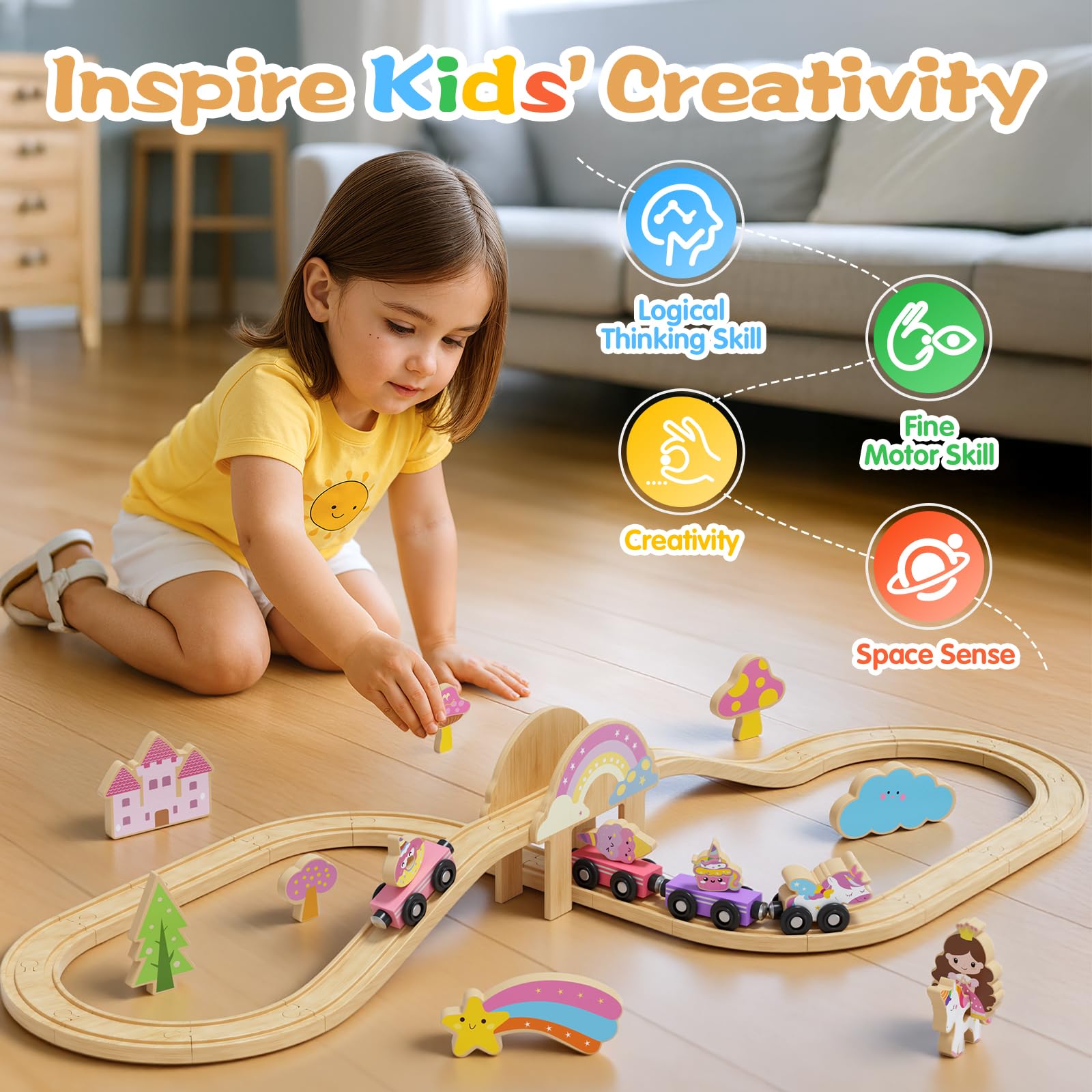 Hot Bee Unicorn train set with 38 pieces for creative storytelling and motor skills.