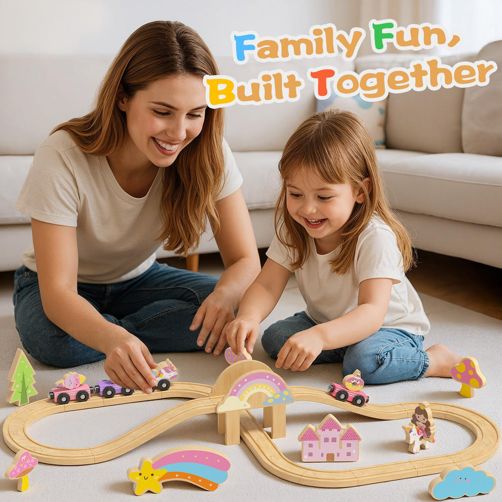Hot Bee train set expands with other wooden tracks for growing adventures.