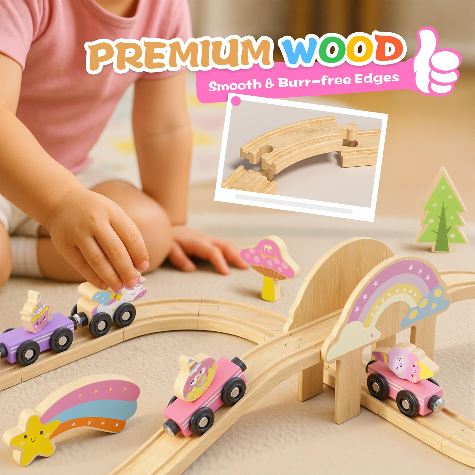 Hot Bee Unicorn train set features toddler-friendly, smooth wooden pieces for safe handling.