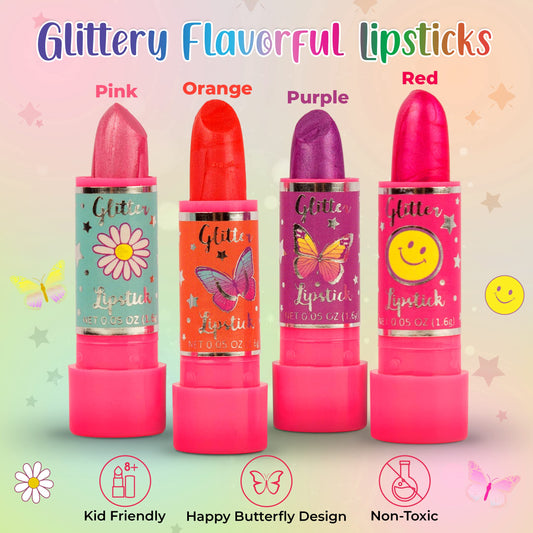 Hot Focus Toddler Makeup Kit shows four lipstick shades for gentle, kid-friendly color