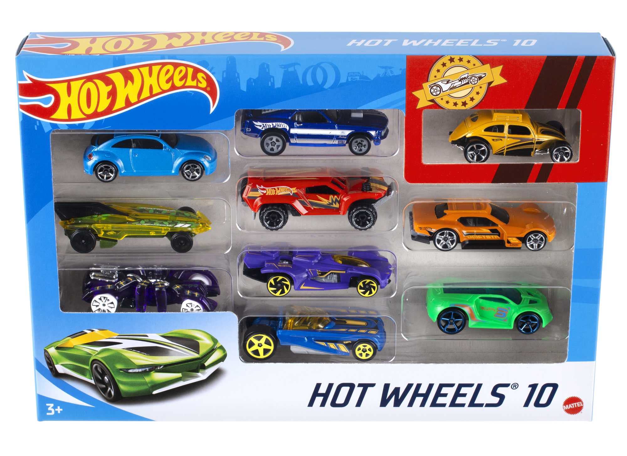Hot Wheels 10-car pack in 1:64 scale for instant collection.