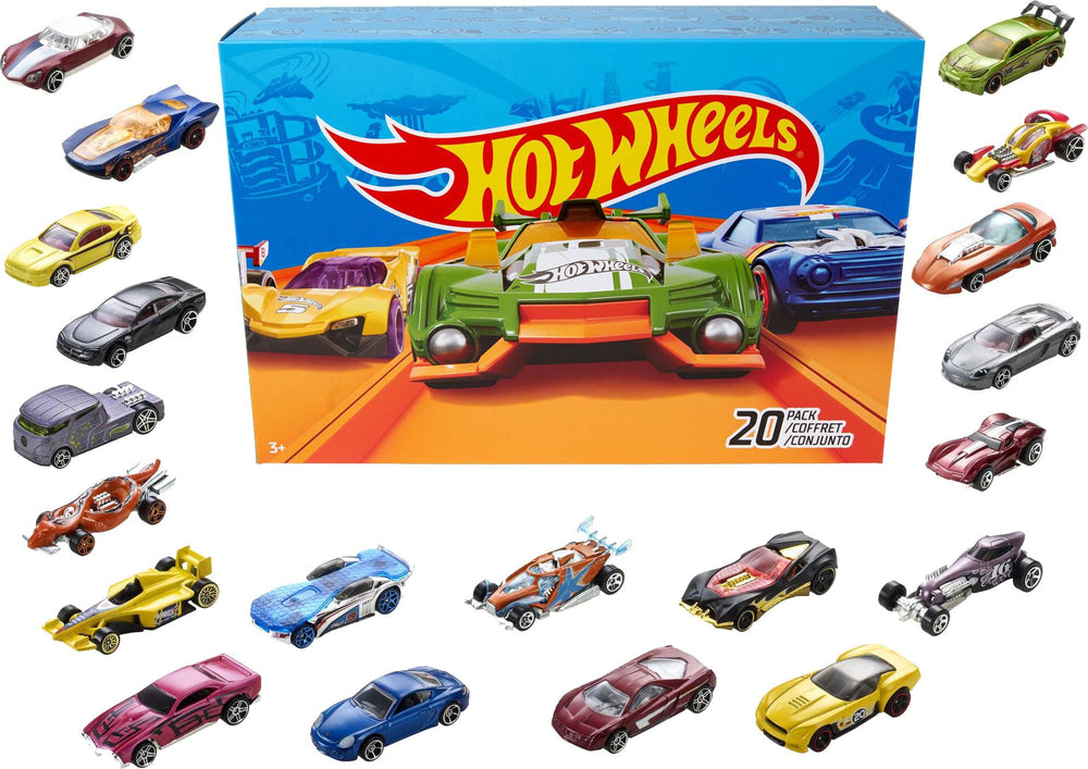 Hot Wheels 20-pack cars with red flame deco for display and imaginative play