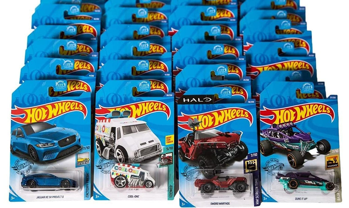 Hot Wheels 24-car party pack cover image showing diverse 1:64 cars for gifting and play