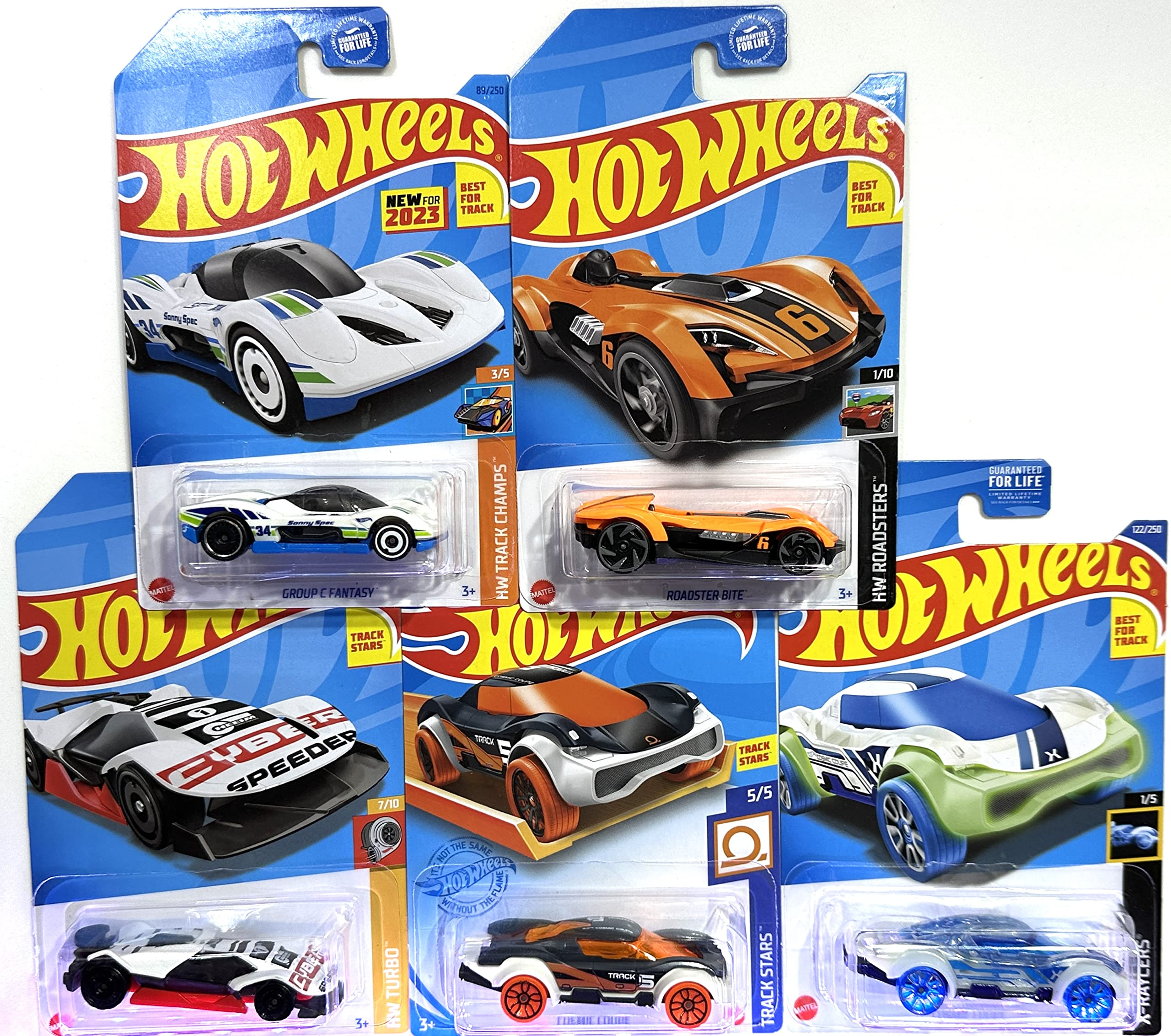 Hot Wheels 5-pack Random Track Stars on 1:64 scale for action-packed track play.