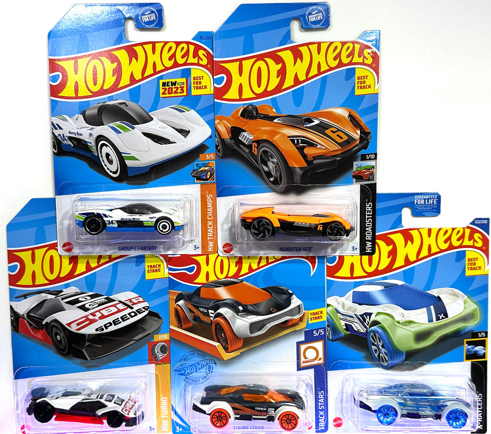Hot Wheels 5-pack Random Track Stars on 1:64 scale for action-packed track play.