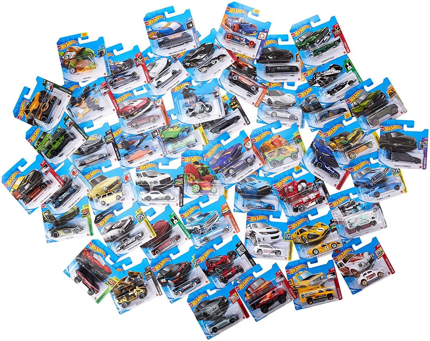 Hot Wheels 50-car diecast assortment in vibrant 1:64 scale for gift-ready display.