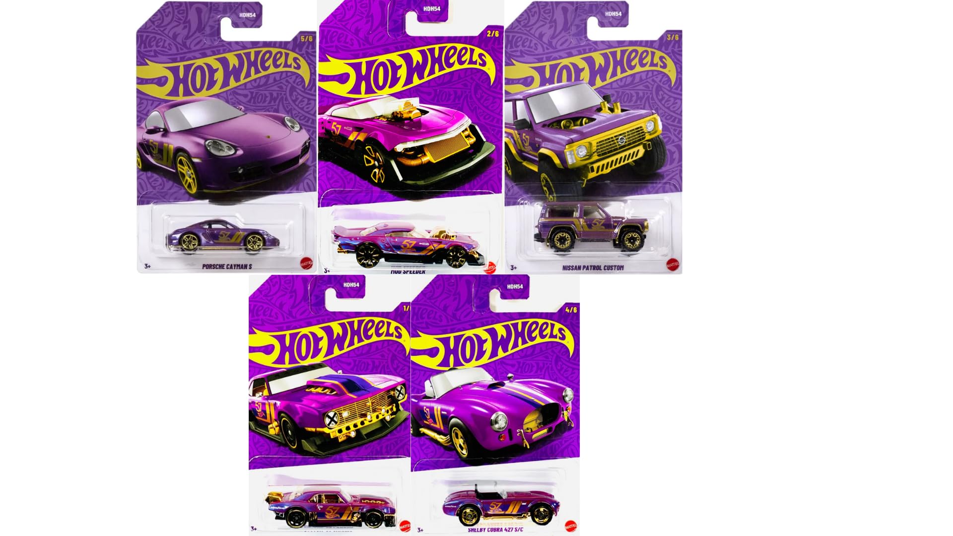 Hot Wheels 57th Anniversary Pearl and Chrome set of 5 die-cast cars in a display-ready box
