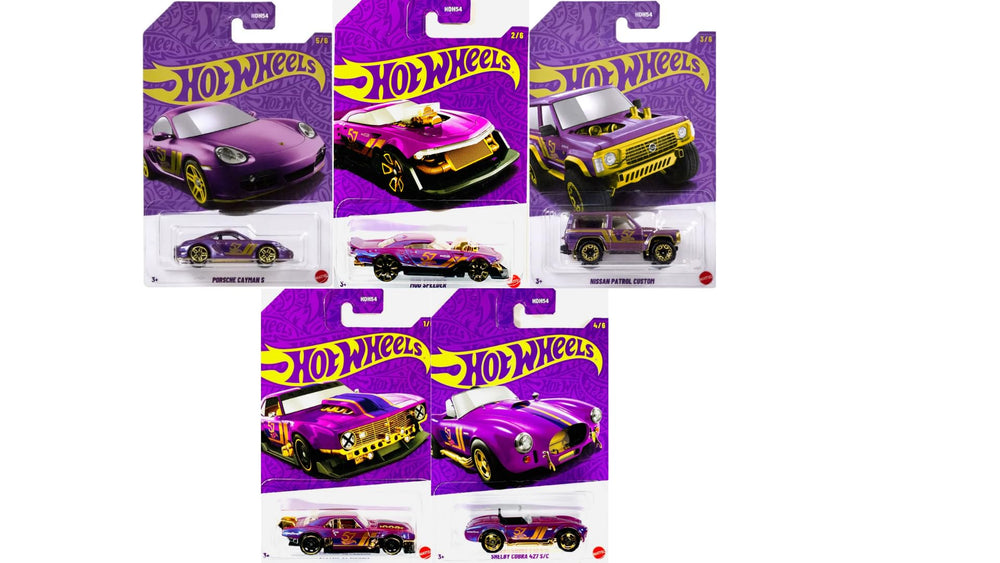 Hot Wheels 57th Anniversary Pearl and Chrome set of 5 die-cast cars in a display-ready box