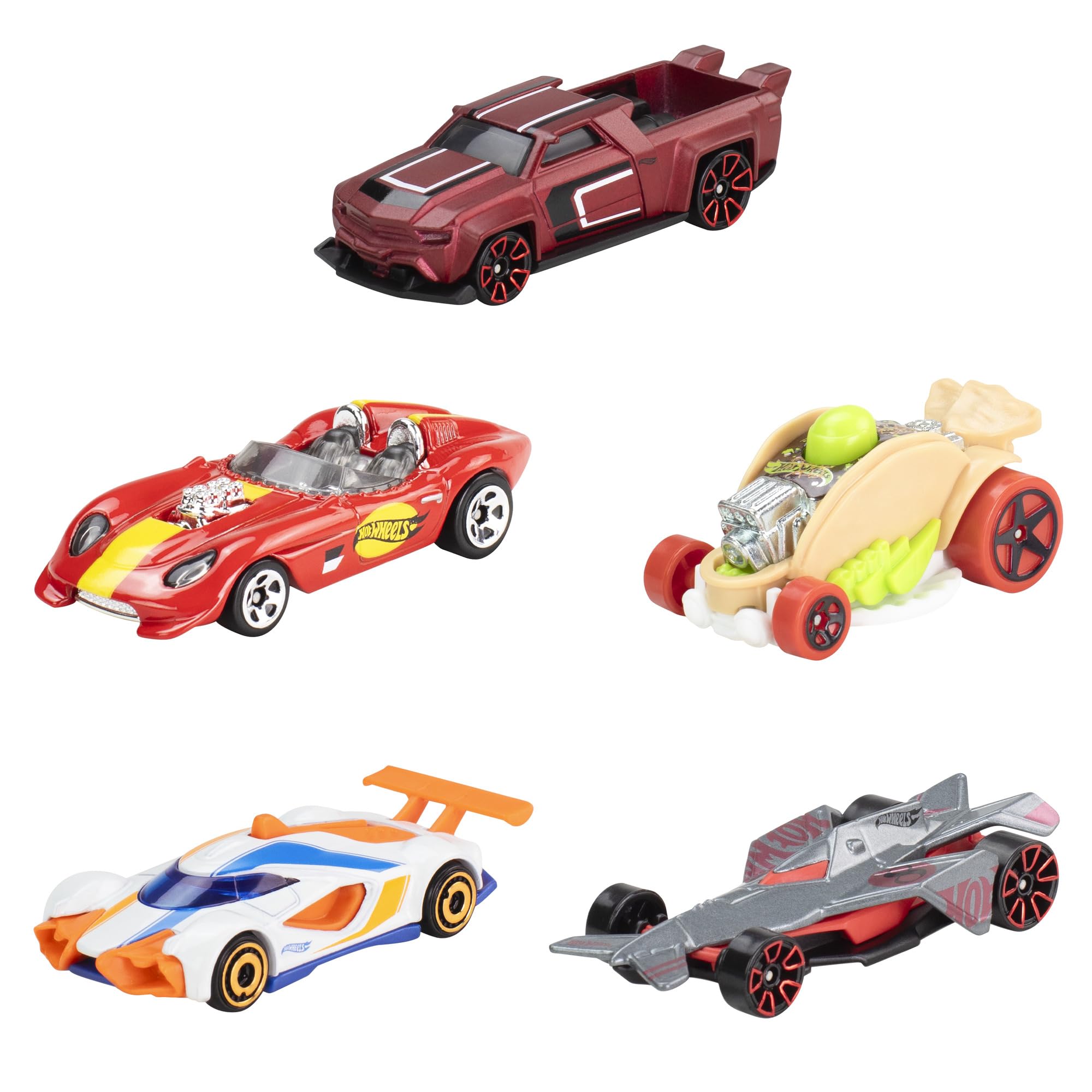 Hot Wheels 5-pack front view with five 1:64 scale die-cast cars for display.