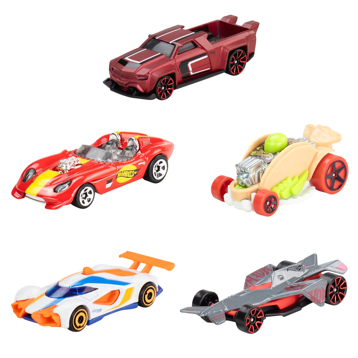 Hot Wheels 5-pack front view with five 1:64 scale die-cast cars for display.