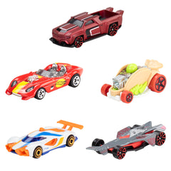 Hot Wheels 5-pack front view with five 1:64 scale die-cast cars for display.