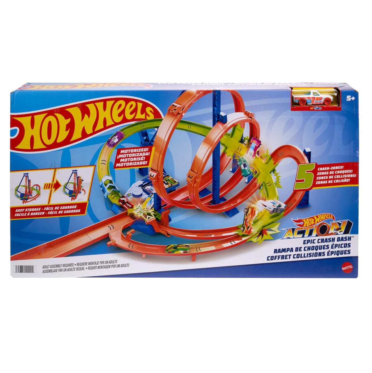 Hot Wheels Action Epic Crash Dash track with five zones for dynamic play