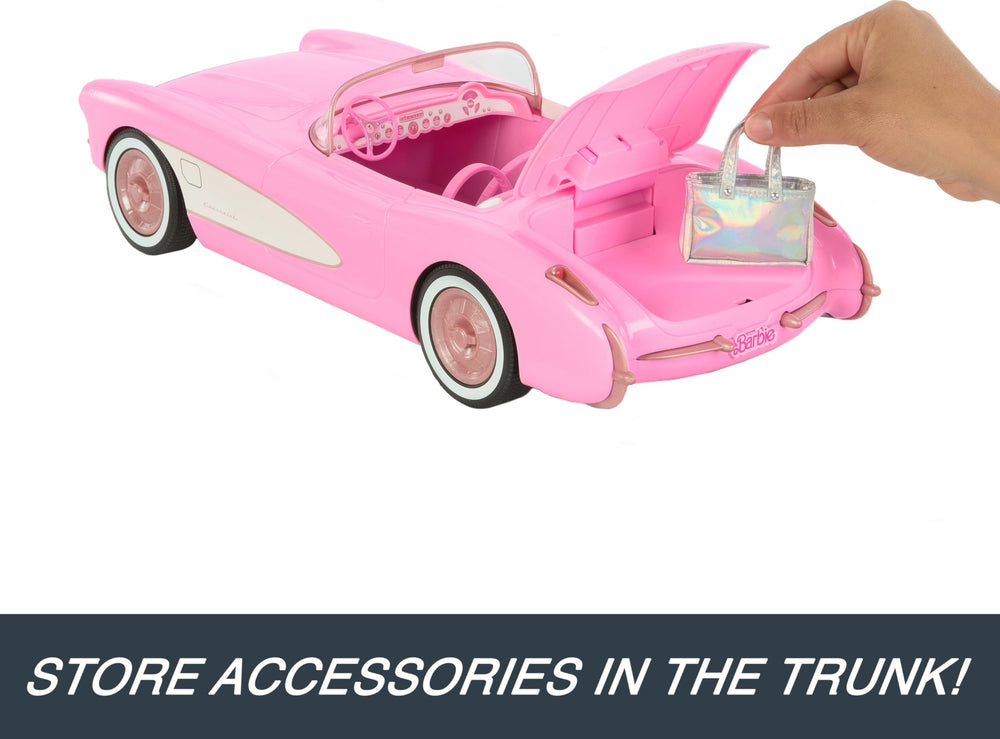 Hot Wheels Barbie Corvette movie-accurate details enhance pretend journeys.