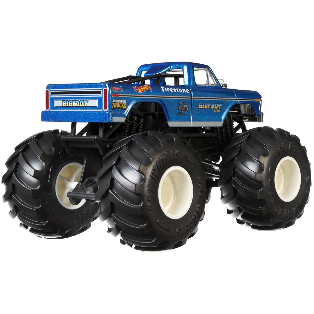 Hot Wheels Bigfoot 4X4 wheel close-up highlights rugged tires for play-inspired realism.