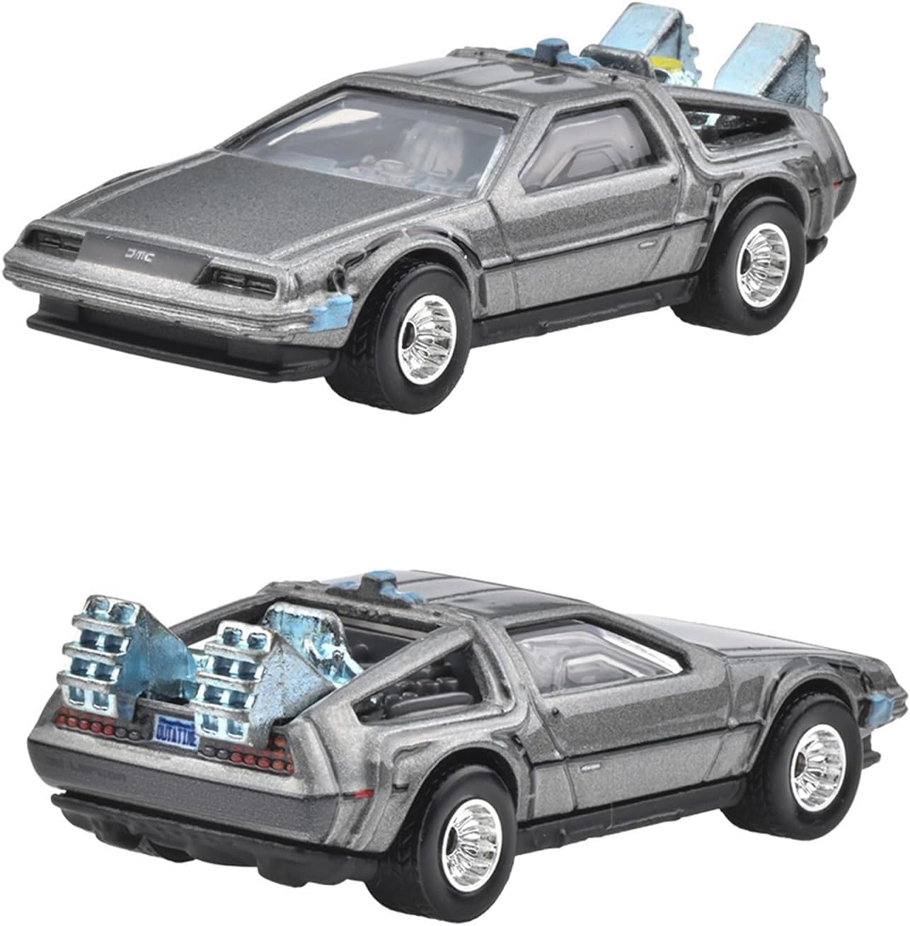 Hot Wheels BTTF DeLorean Time Machine detail showcases authentic film-inspired craftsmanship for display.