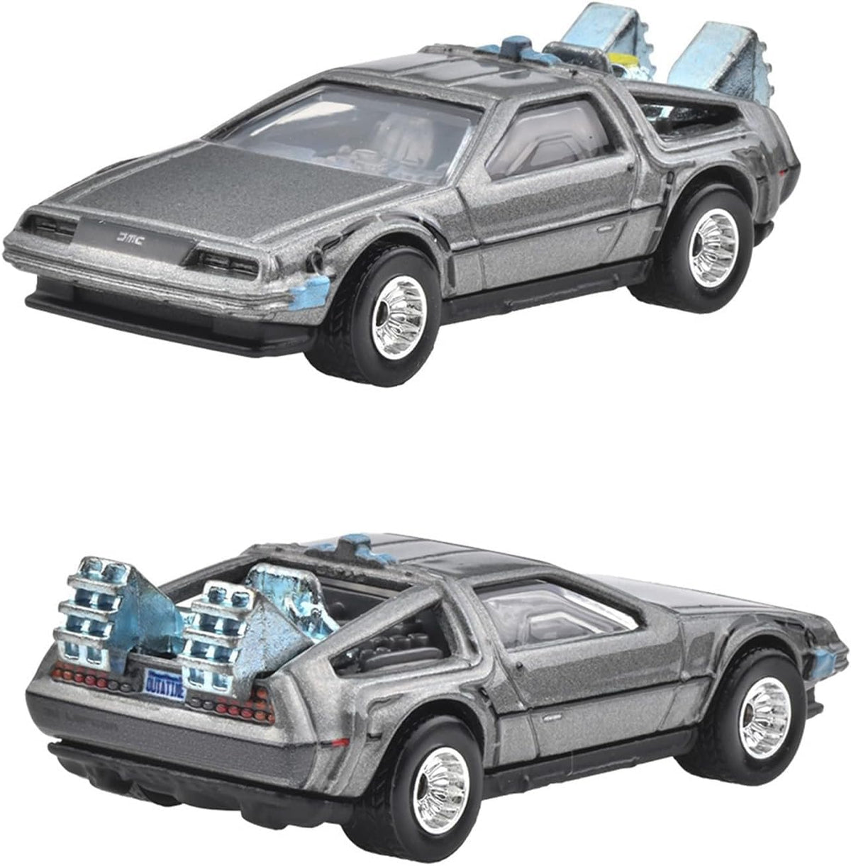 Hot Wheels BTTF DeLorean Time Machine detail showcases authentic film-inspired craftsmanship for display.