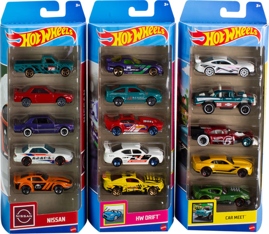 Hot Wheels bundle of three themed five-packs for imaginative play and collection.