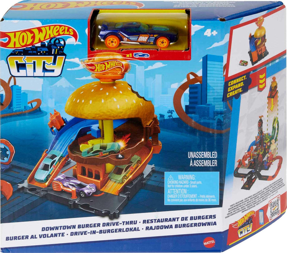 Hot Wheels City Burger Drive-Thru sign spins for interactive pretend play.