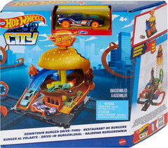 Hot Wheels City Burger Drive-Thru sign spins for interactive pretend play.