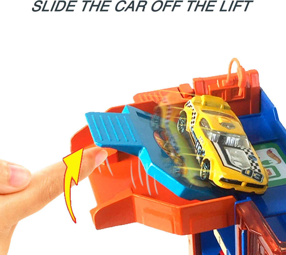 Hot Wheels City Downtown Car Park lift feature in action