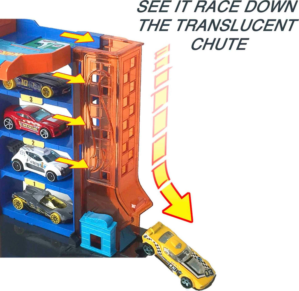 Hot Wheels City Downtown exit chute showing cars zooming away
