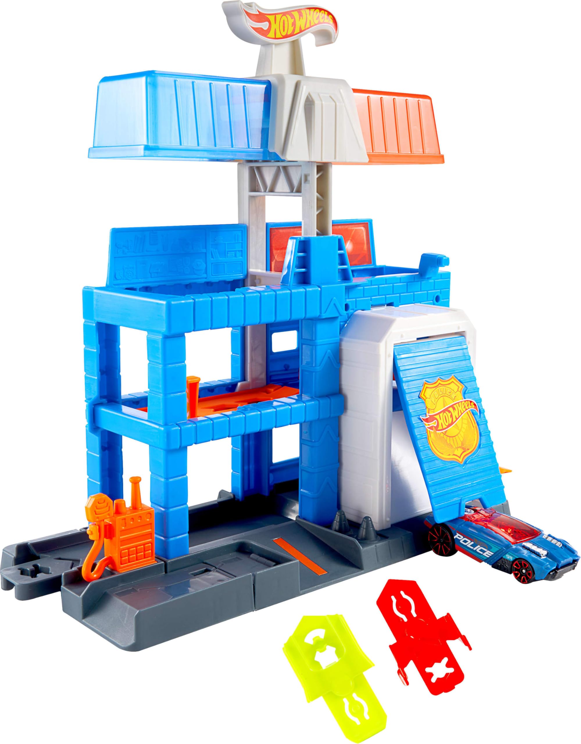 Hot Wheels City Downtown Police Tower front view shows three level design for action play