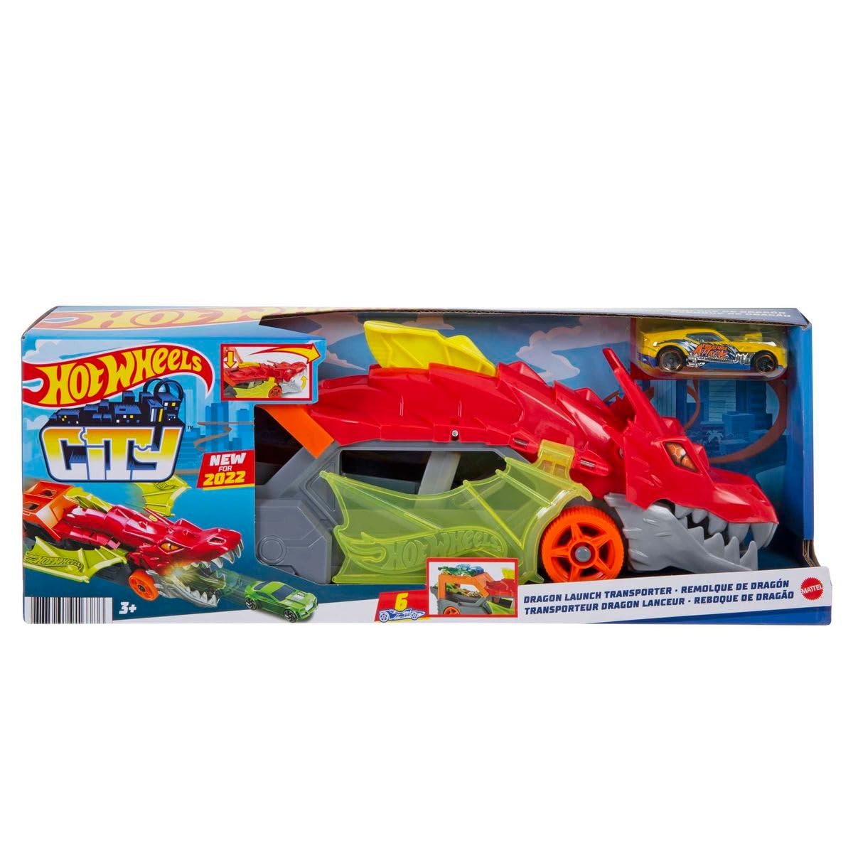 Hot Wheels City Dragon Launch Transporter stores up to five cars for quick swaps.