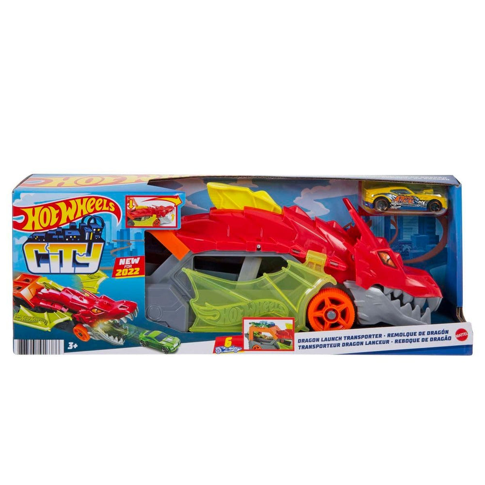 Hot Wheels City Dragon Launch Transporter stores up to five cars for quick swaps.