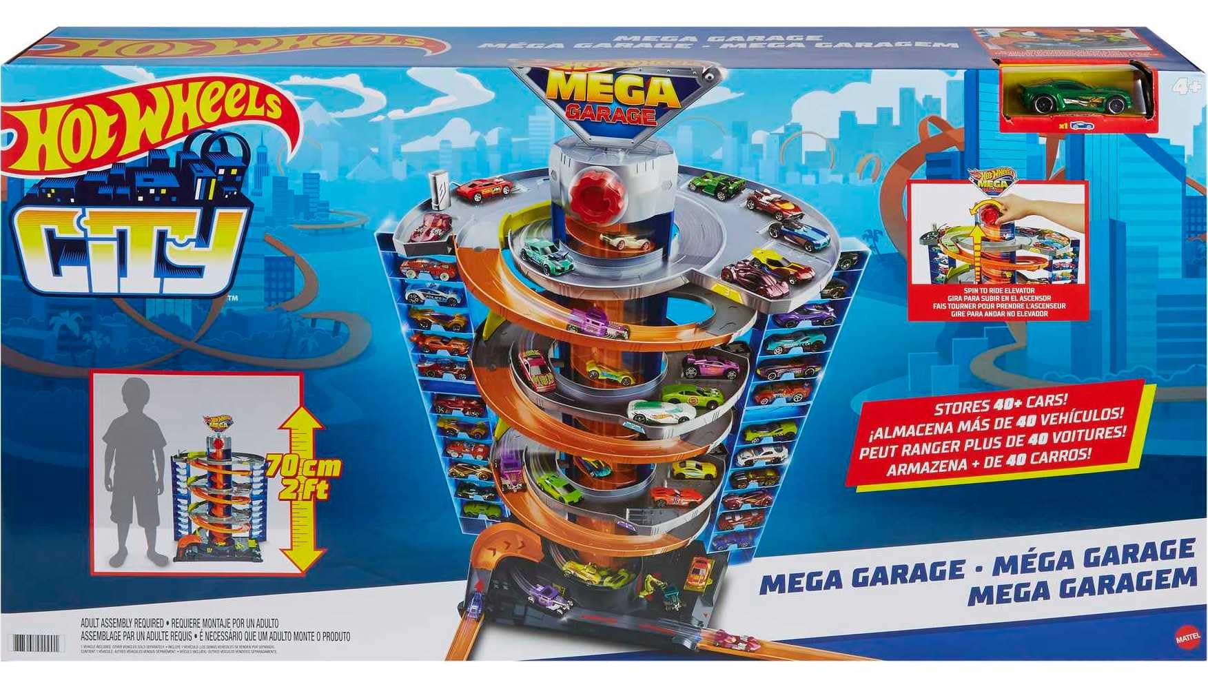 Hot Wheels City Mega Garage includes a 1:64 scale vehicle to start the fun