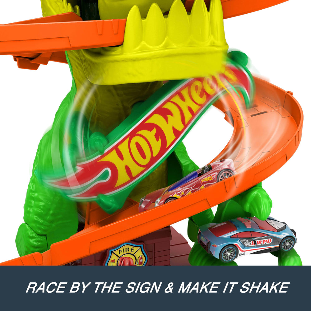 Hot Wheels City T-Rex Blaze Battle playset knockout moment when dino teeth spin