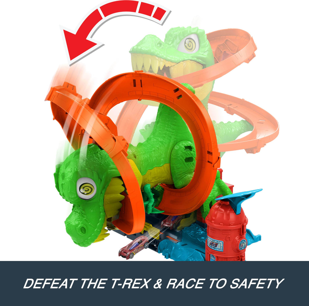 Hot Wheels City T-Rex Blaze Battle playset storage area keeps extra cars organized
