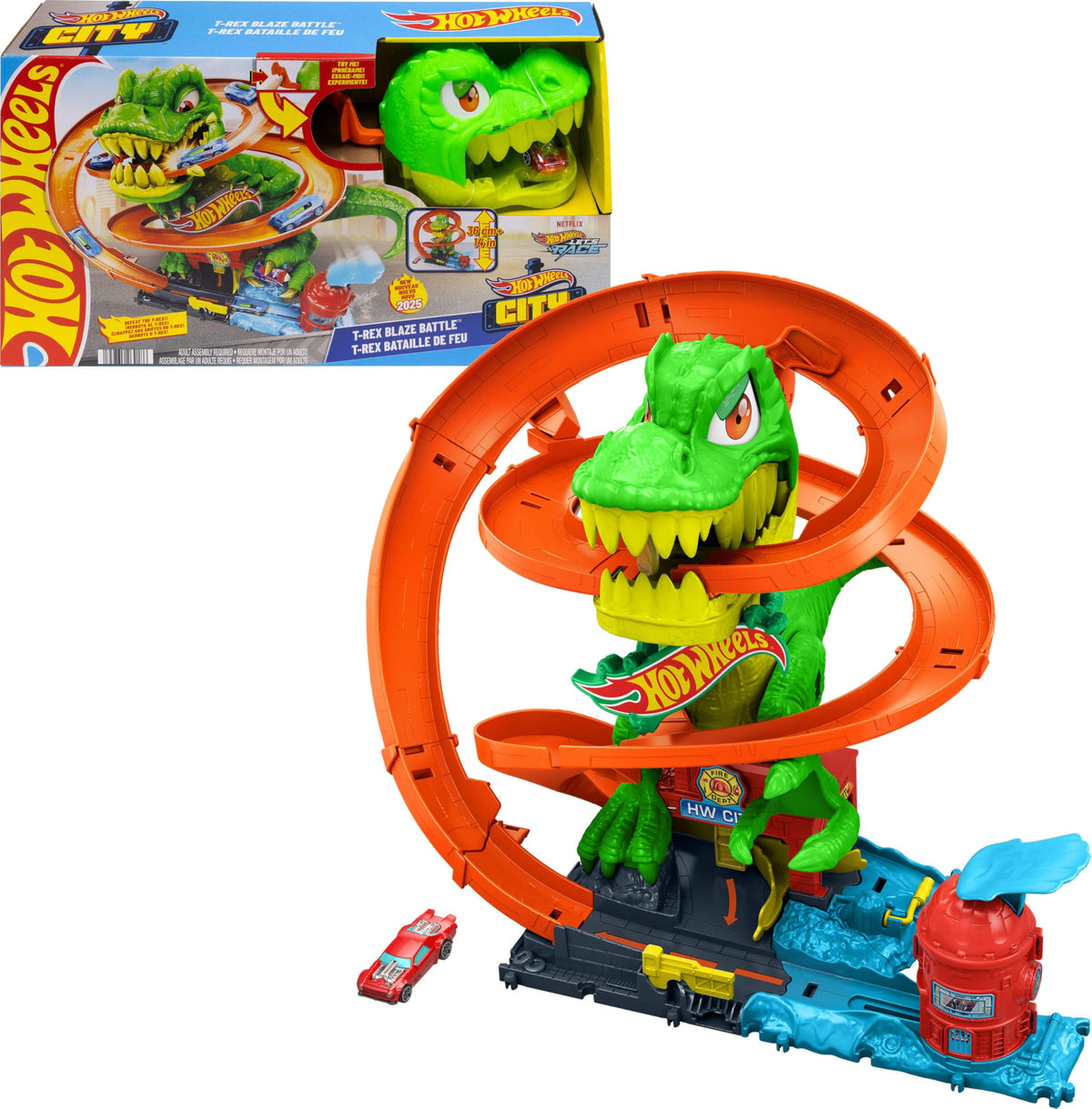 Hot Wheels City T-Rex Blaze Battle playset dino in action for dramatic racing