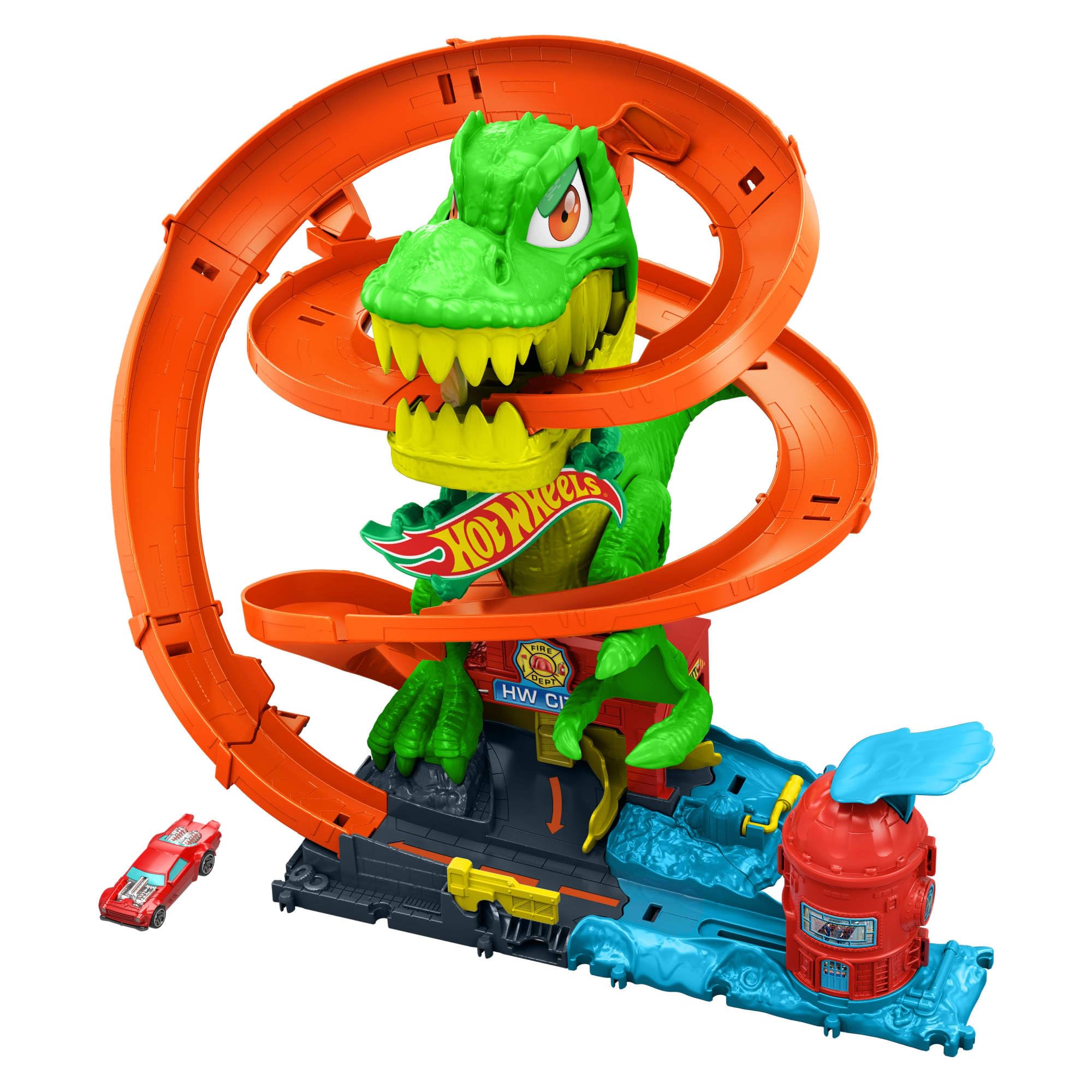 Hot Wheels City T-Rex Blaze Battle playset fuel-station detour for quick refueling during play