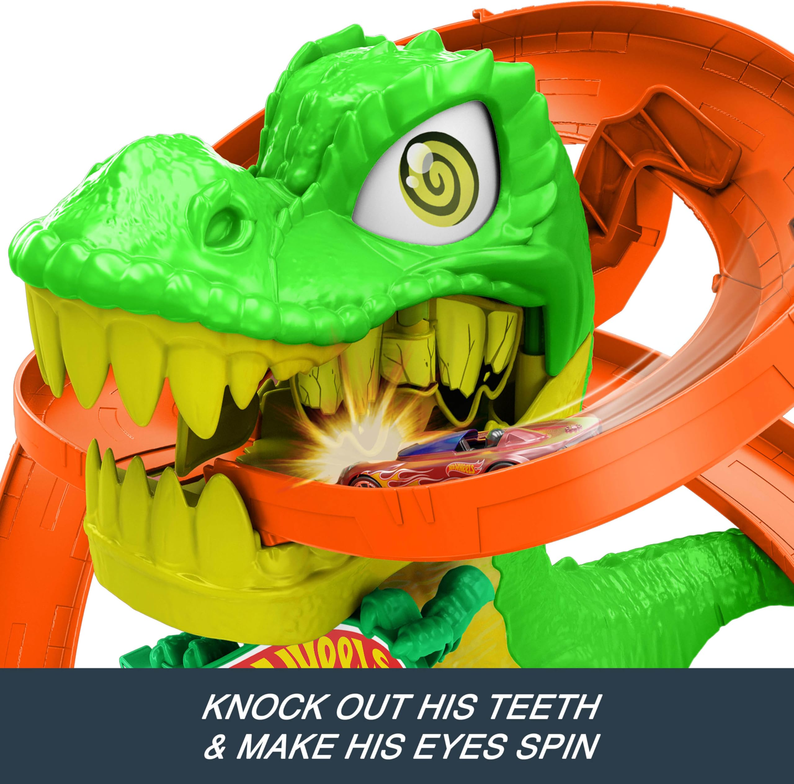 Hot Wheels City T-Rex Blaze Battle playset car launch for fast starts and repeat battles
