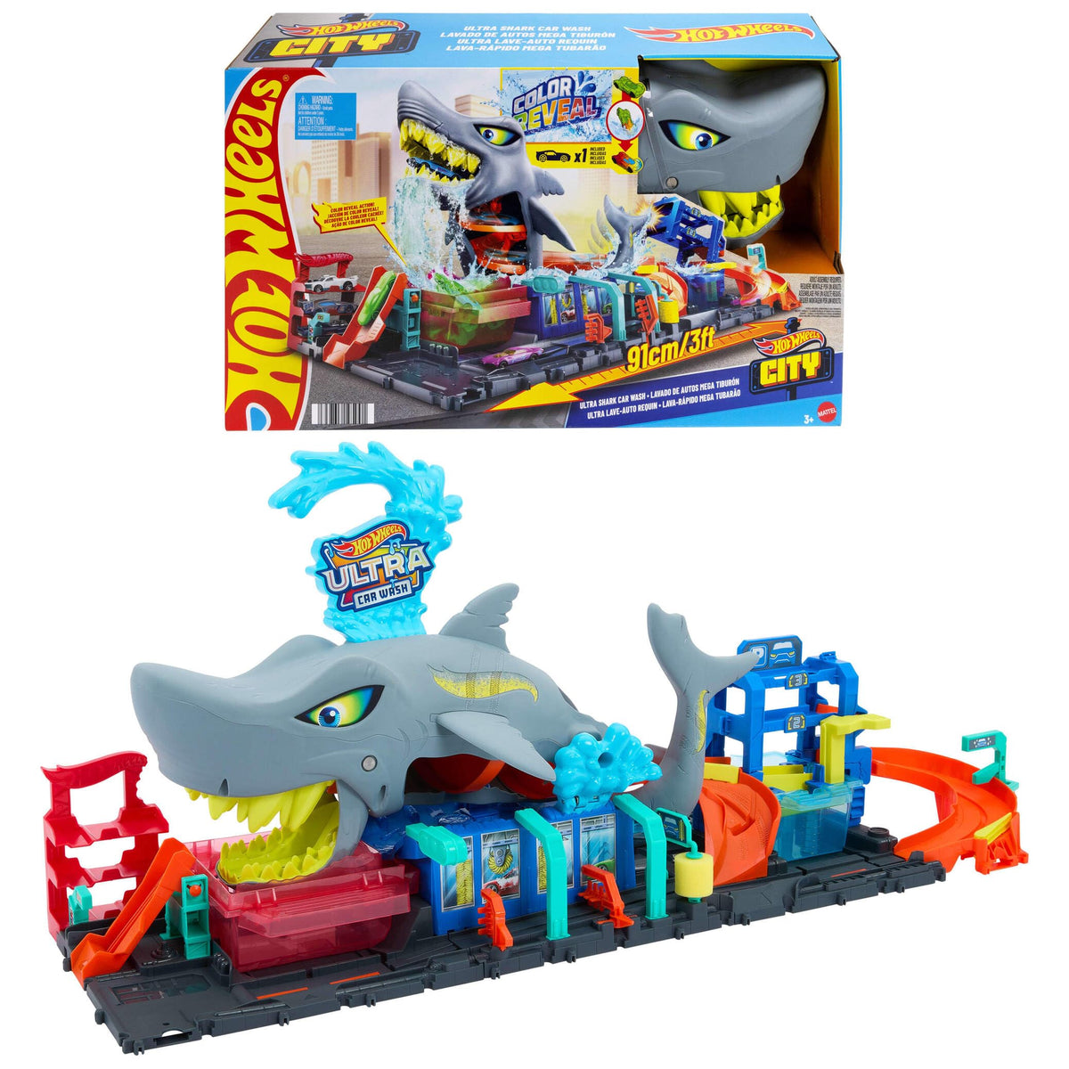 Hot Wheels City Ultra Shark Car Wash front view highlights interactive play setup.