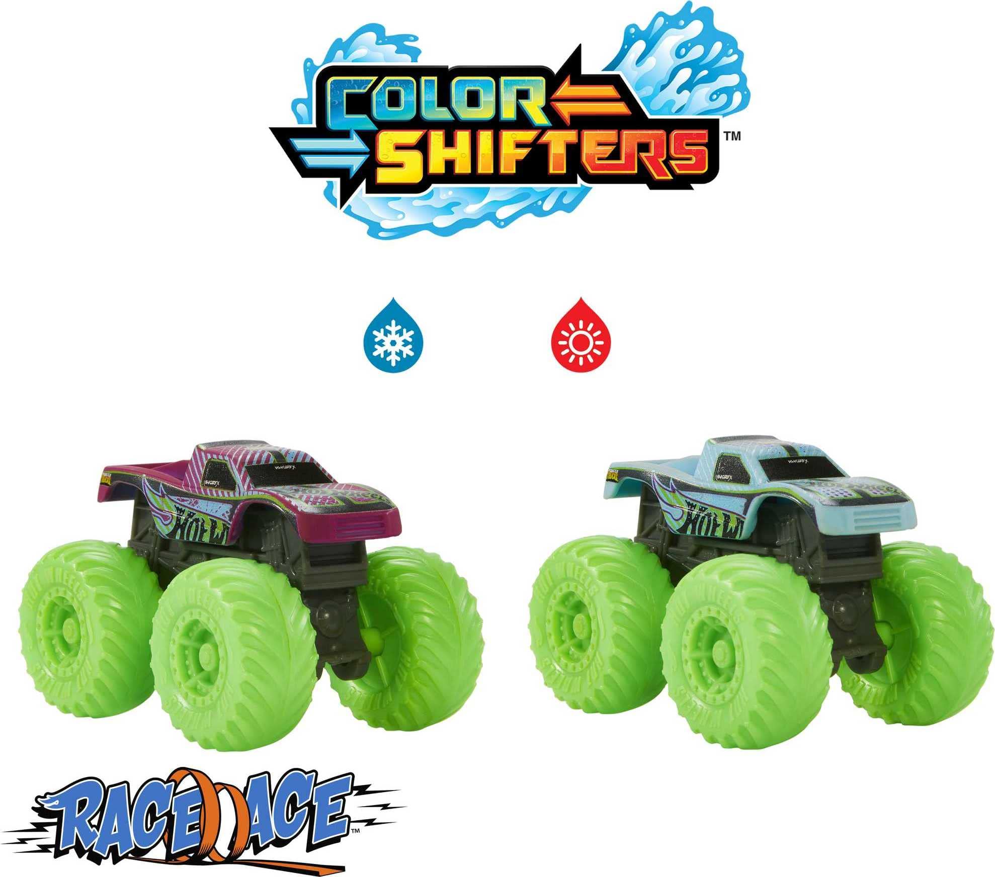 Hot Wheels Race Ace Color Reveal truck showcases shifting deco during dunk