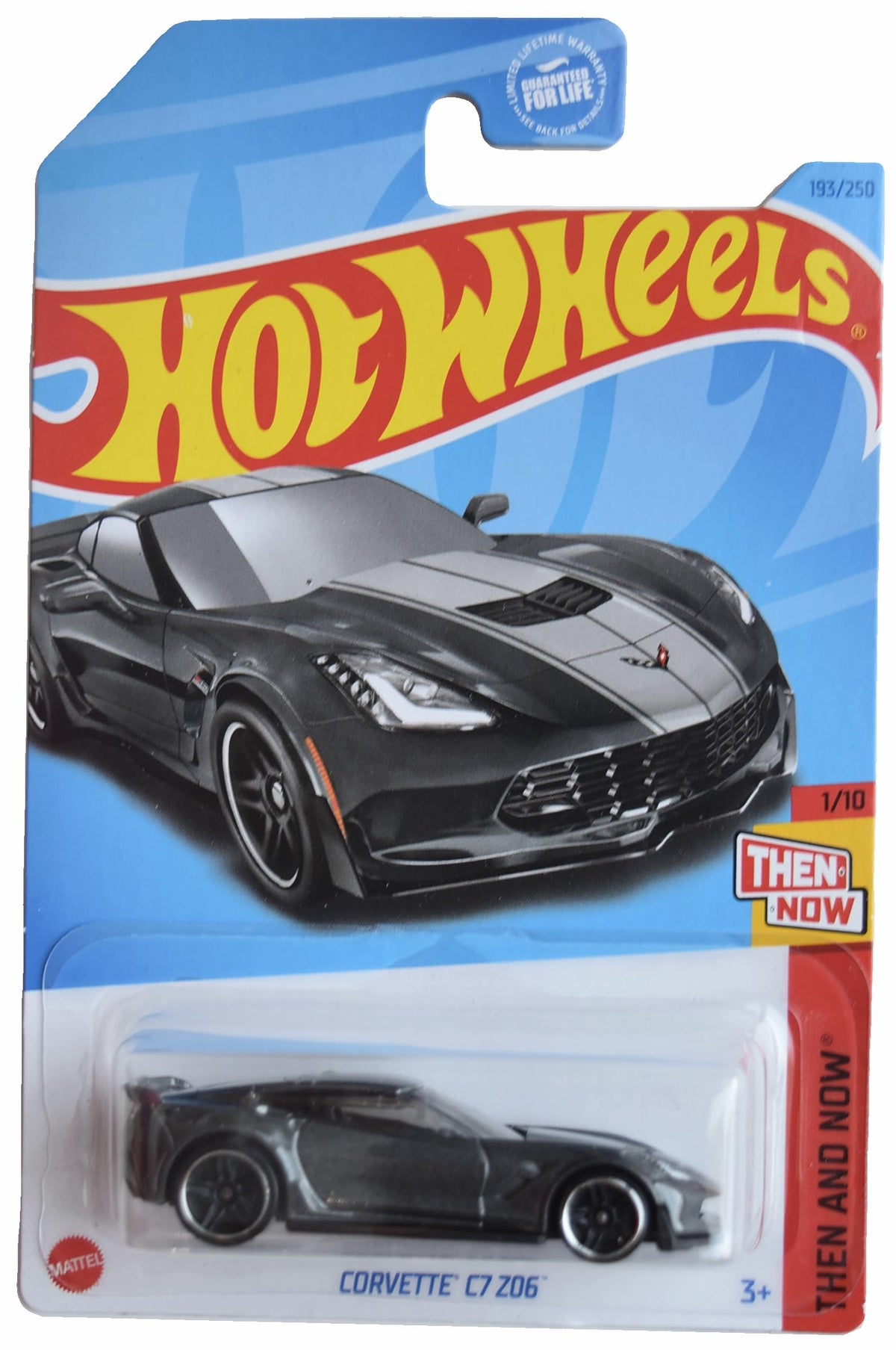 Hot Wheels Corvette C7 Z06 Then and Now gray front view, ideal display piece for collectors.