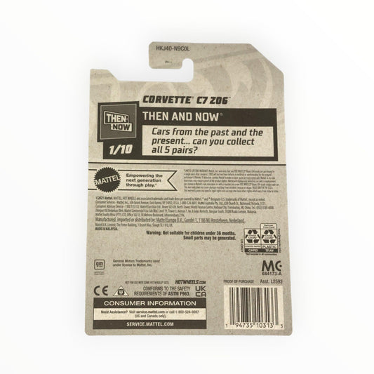 Hot Wheels Corvette C7 Z06 Then and Now gray side view, enhances shelf display for collectors.