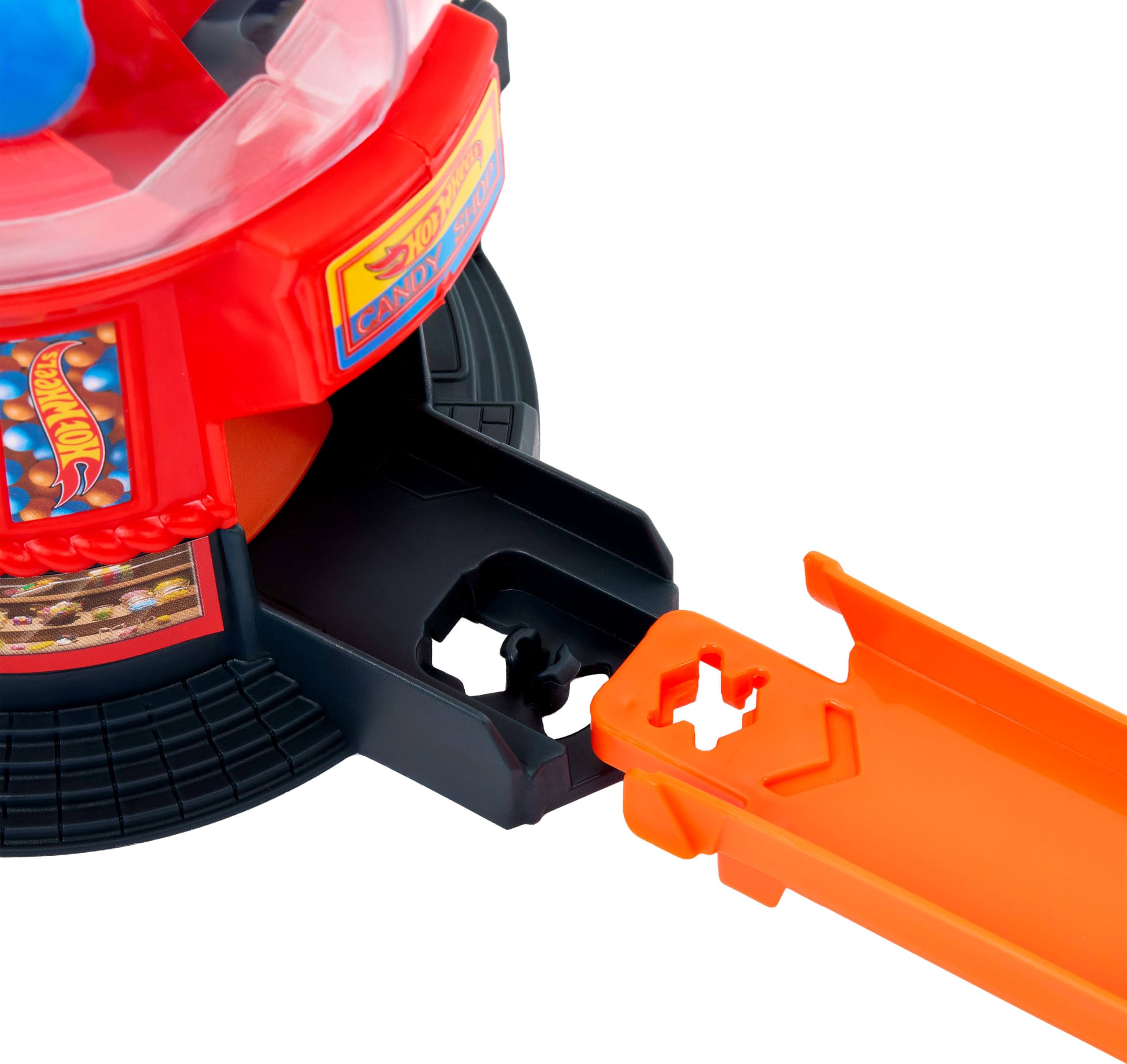 Hot Wheels Downtown Candy Shop moving gate and parking spot encourage pretend play
