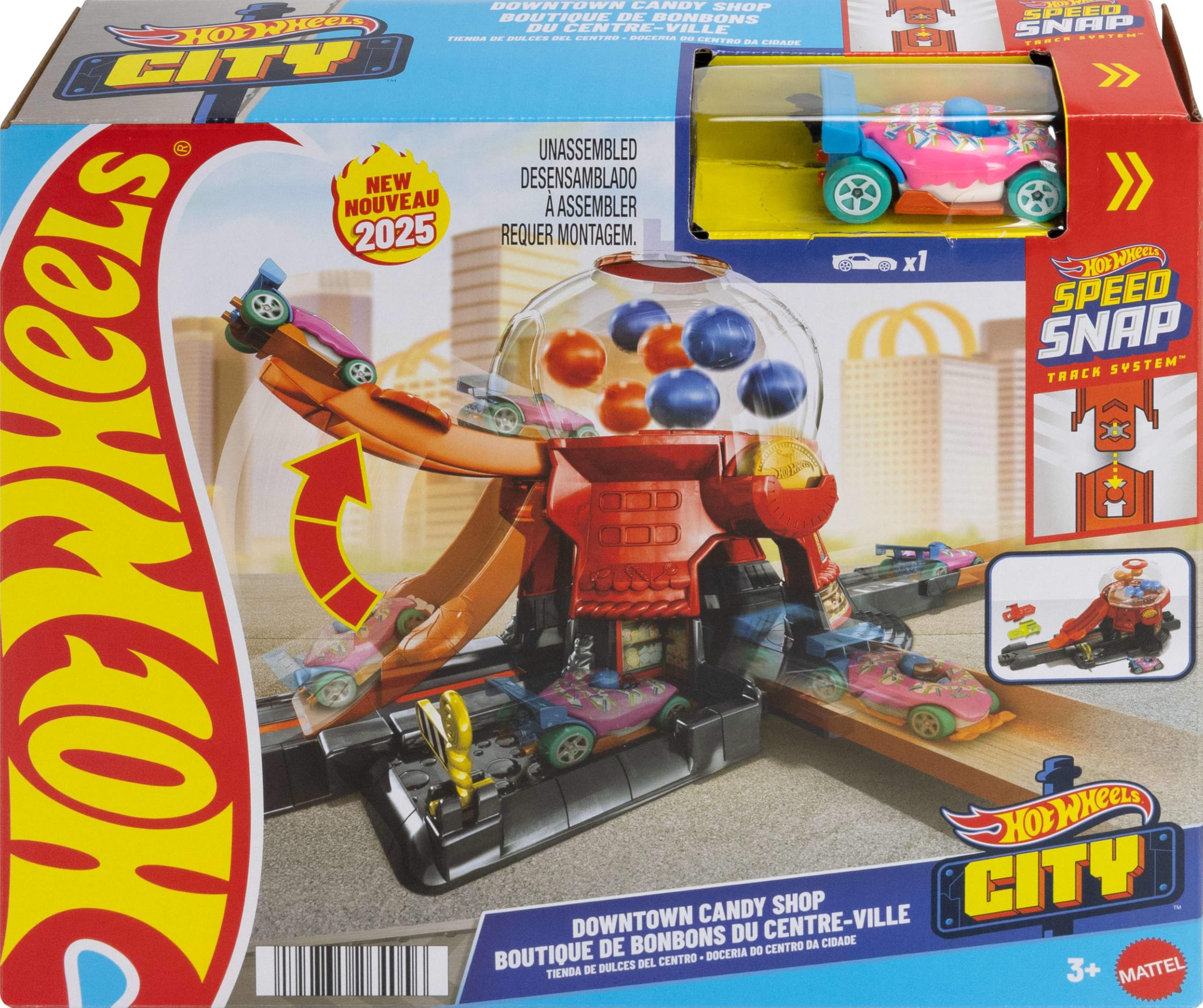 Hot Wheels Downtown Candy Shop Speed Snap compatibility enables easy expansion