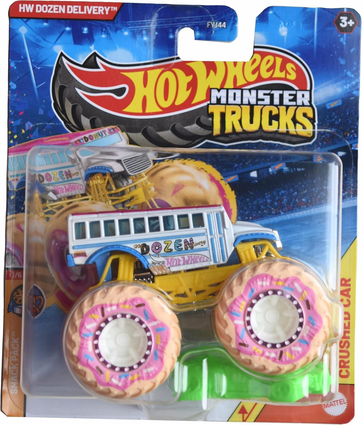 Hot Wheels Dozen Delivery Snack Pack with crushed car for action-packed play.
