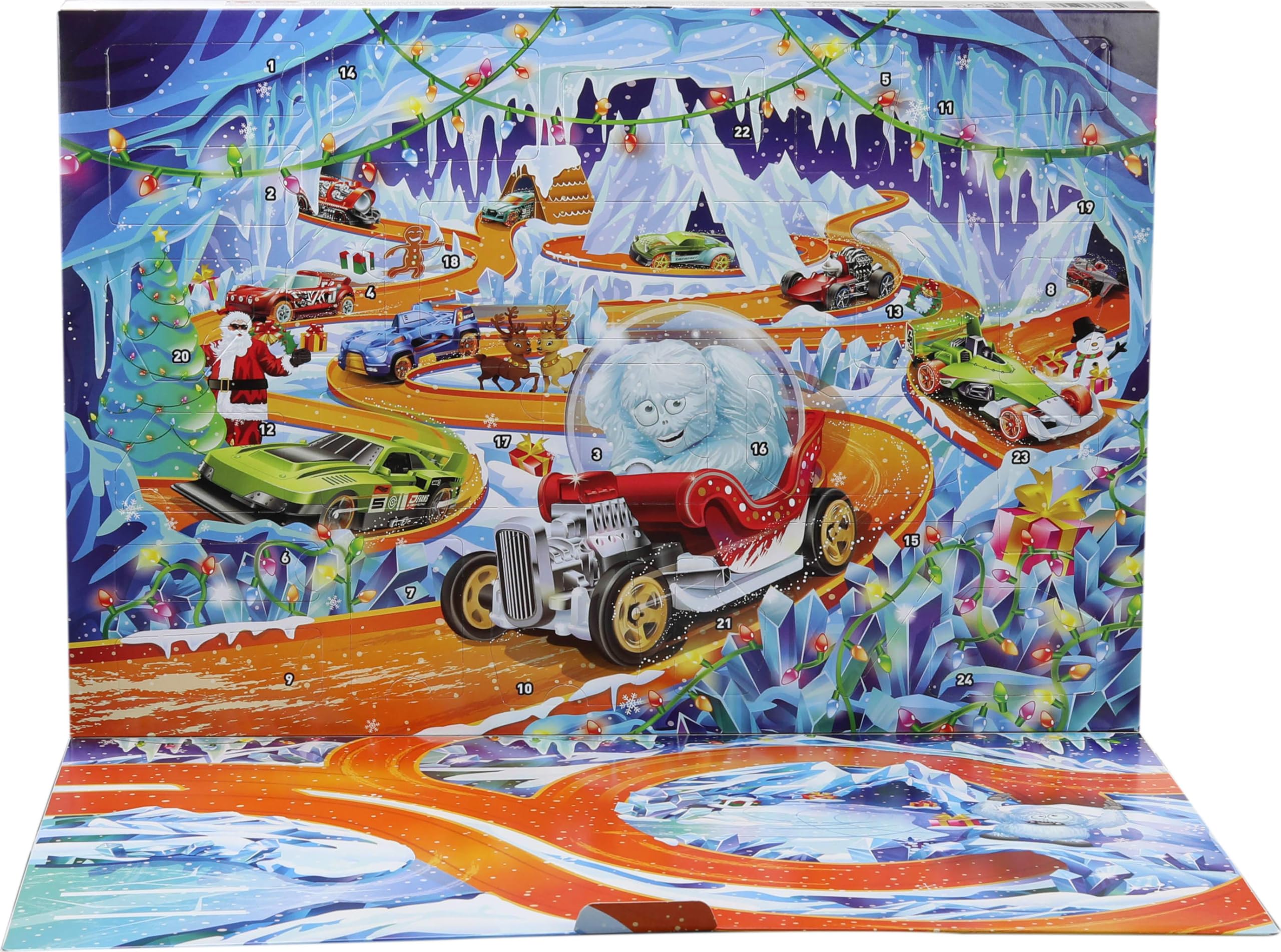 Hot Wheels exclusive snow globe car closeup with Yeti driver highlighting collectible charm