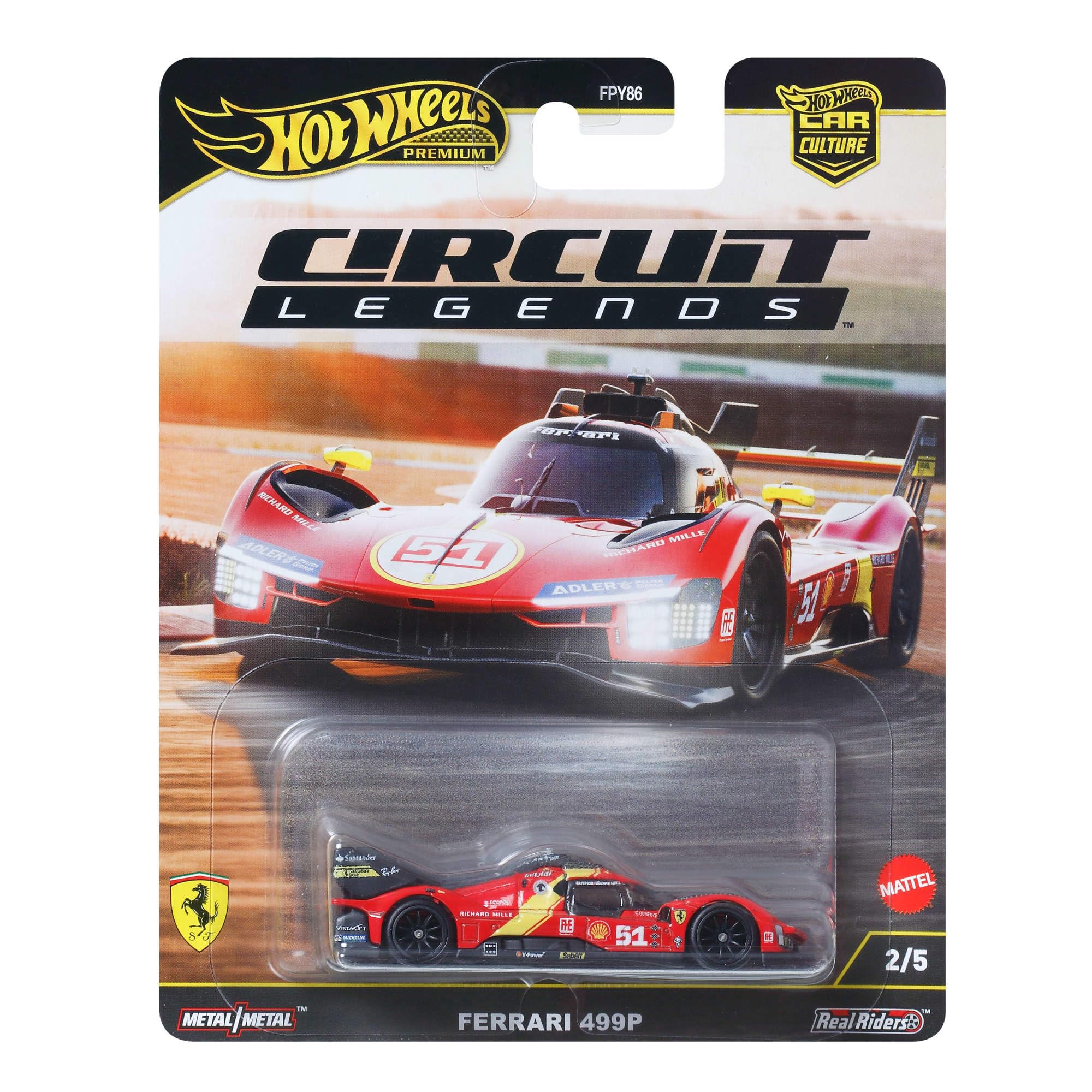 Hot Wheels Ferrari 499P 1:64 scale model with precise detailing for racing vibe.