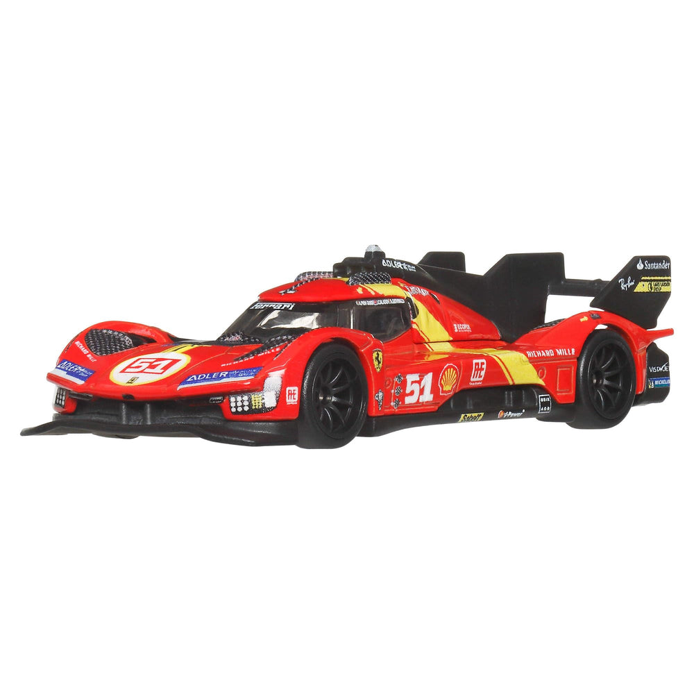 Hot Wheels Ferrari 499P metal body and chassis for durable collectibility.